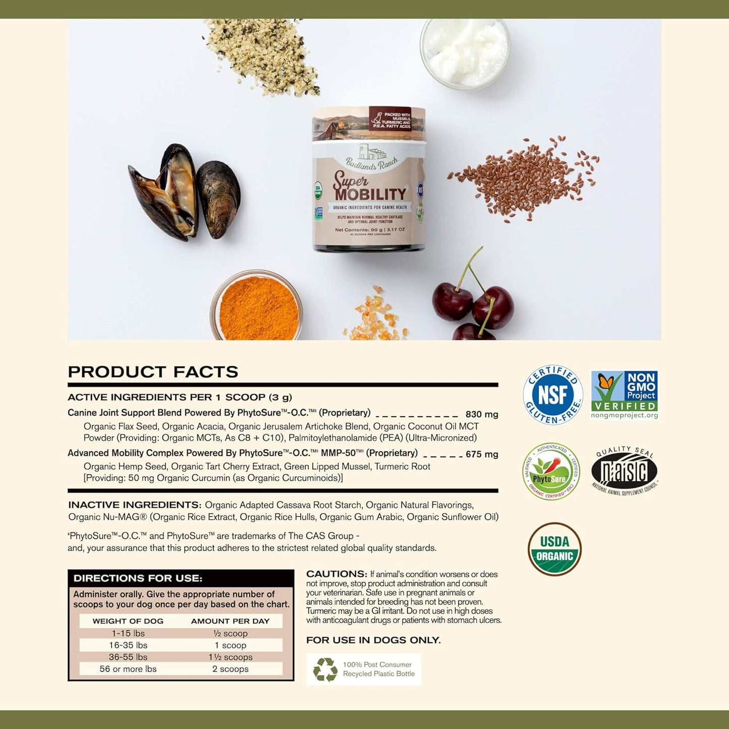 Badlands Ranch by Katherine Heigl- Super Mobility Canine Supplement Organic Ingredients Helps Maintain Healthy Cartilage, Optimal Joint Function (90 Grams, 30 Scoops)