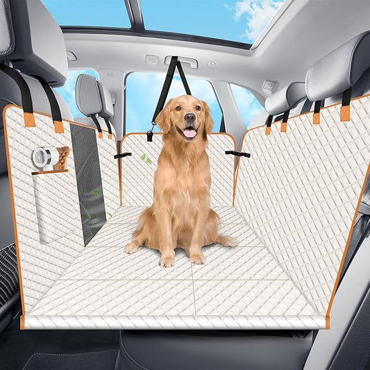 Dog Car Seat Cover for Back Seat, Dog Car Bed Cover with Strong Hard Bottom, Back Seat Extender Hammock for Cars SUV Truck 4 Panels Beige Color