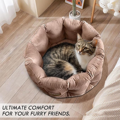 ClevaHome Deep Nest Cat Bed for Small Pets up to 15lbs - Round Cat Beds for Indoor Cats, Luxurious Velvet Feel, Extra High Sides, Machine Washable Comfort Pet Bed with Non-Slip Bottom (Warm Beige)