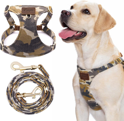 Dog Harness, No Pull Dogs Harness and Multi-Function Leash Set for Medium Dogs Easy Walk Everyday Adjustable Soft Dog Vest Harness Fashionable Dog Accessories Camouflage Brown-Slim Large