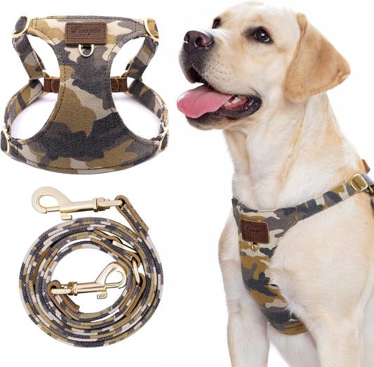 Dog Harness, No Pull Dogs Harness and Multi-Function Leash Set for Medium Dogs Easy Walk Everyday Adjustable Soft Dog Vest Harness Fashionable Dog Accessories Camouflage Brown-Slim Large