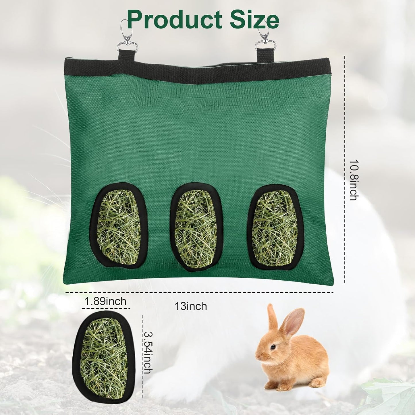 2 Pcs Rabbit Hay Feeder,Guinea Pig Hay Feeder,13×10.8 Inch Guinea Pig Bag,Small Animal Feeding Bag for Rabbits, Hamsters, Hedgehogs(3 Holes,Green)