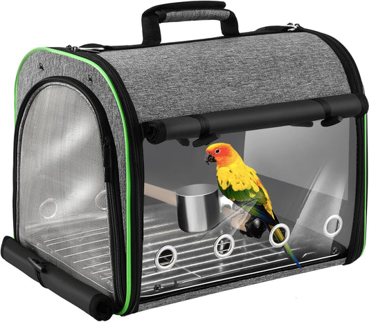 Suertree Bird Carrier Bag Bird Travel Cage Indestructible Stainless Steel Mesh, Bag with Stand for Parrot, Portable Bird Travel Bag, Pet Transparent Breathable Travel Cage
