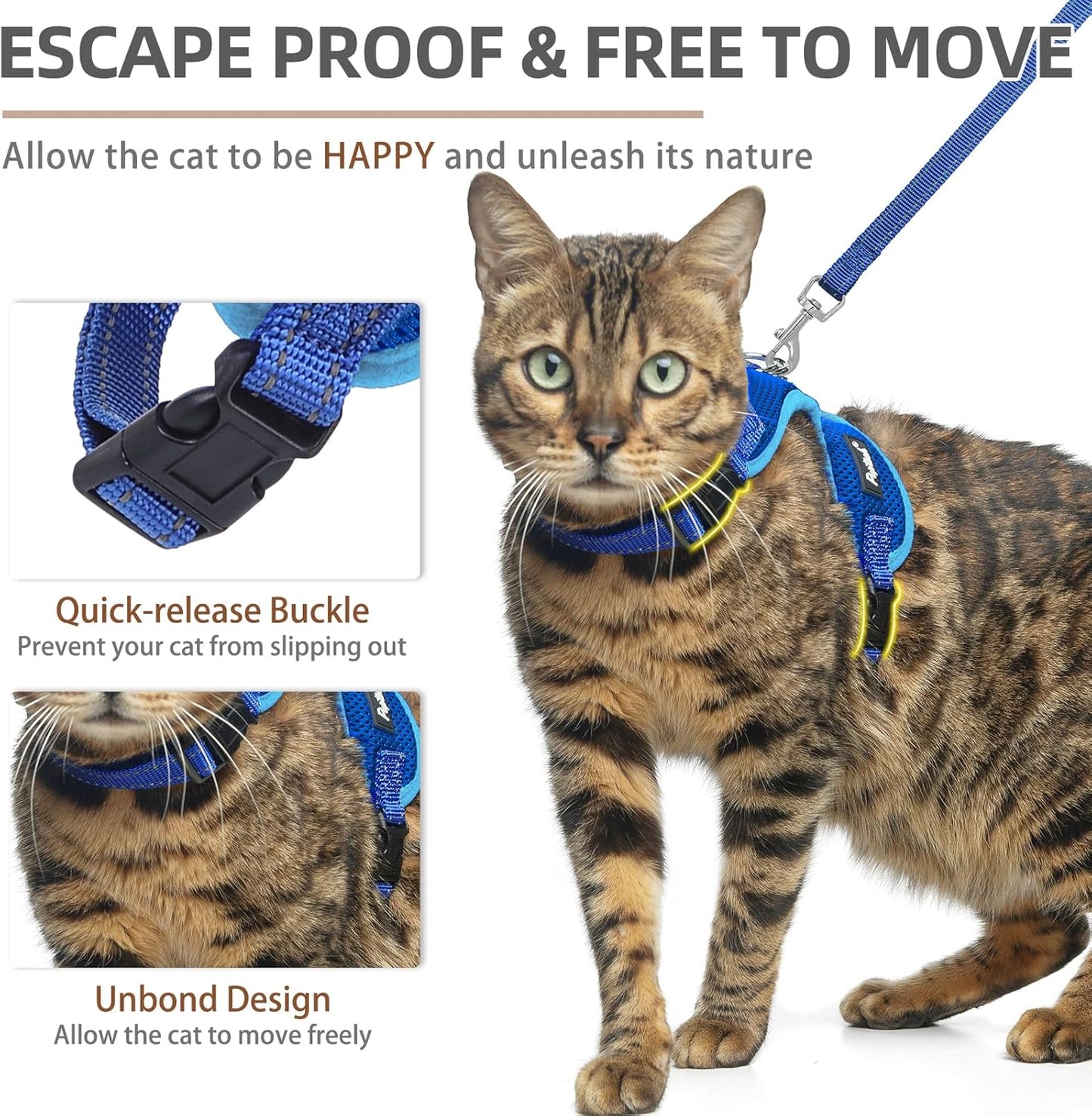 PUPTECK Cat Harness and Leash Set Escape Proof, Reflective Adjustable Soft Mesh Kitten Vest Harness for Walking Travel, Navy Blue, M
