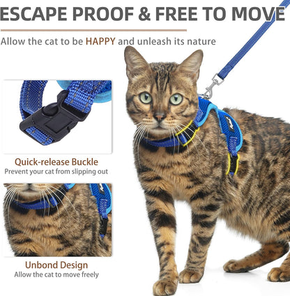 PUPTECK Cat Harness and Leash Set Escape Proof, Reflective Adjustable Soft Mesh Kitten Vest Harness for Walking Travel, Navy Blue, M