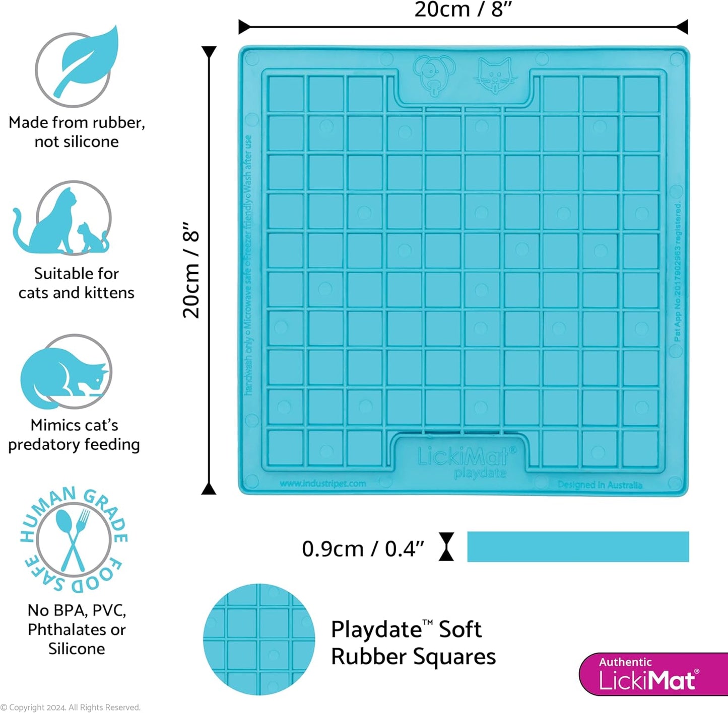 LickiMat Classic Playdate, Cat Slow Feeder Lick Mat, Boredom Anxiety Reducer; Perfect for Food, Treats, Yogurt, or Peanut Butter. Fun Alternative to a Slow Feed Cat Bowl or Dish, Turquoise