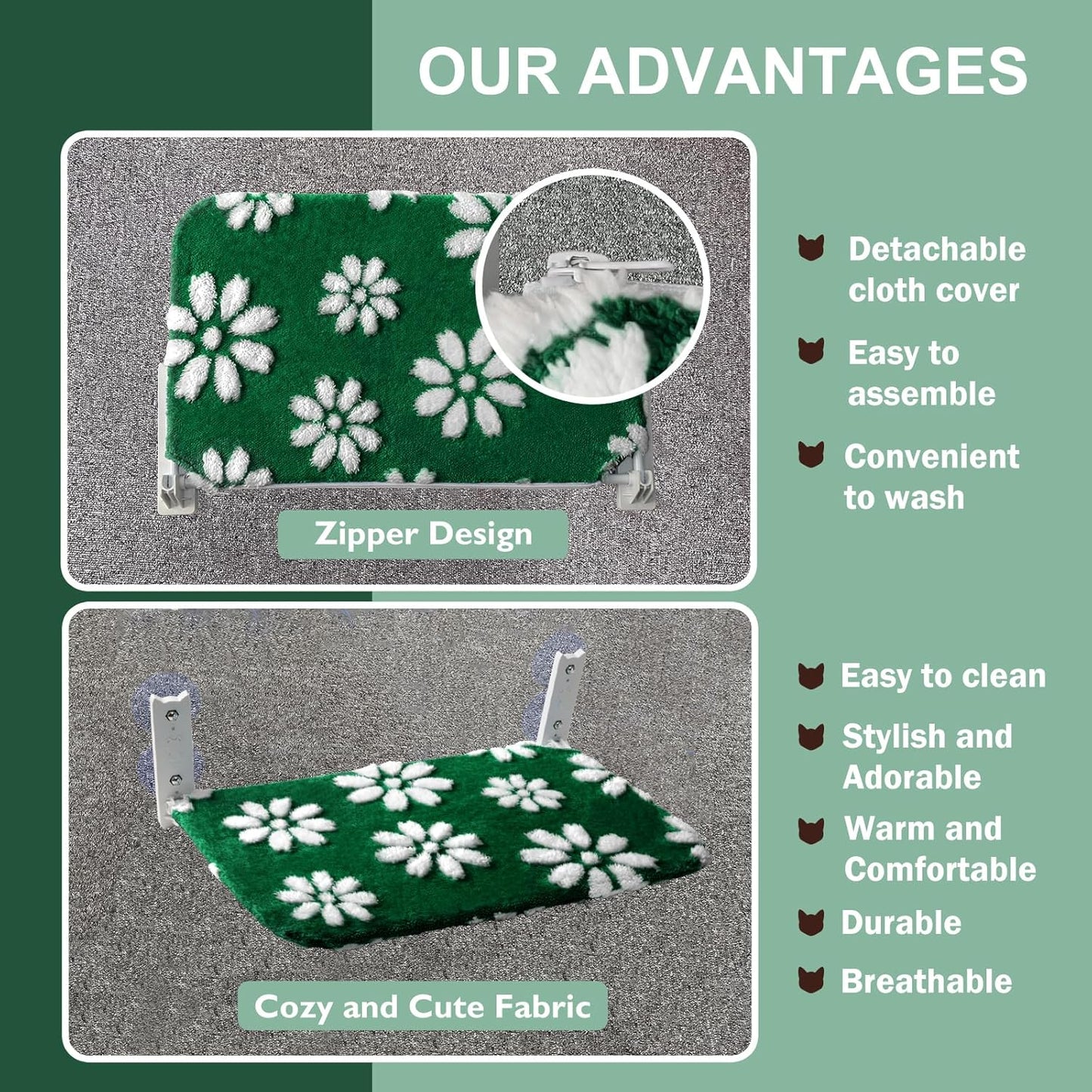 Cat Window Perch, Foldable Cat Window Hammock with Cute 3D Textured Flower Cover and Strong Suction Cups, Cordless Window Seat Bed for Indoor Cats (Green Flower, Large)