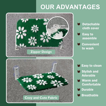 Cat Window Perch, Foldable Cat Window Hammock with Cute 3D Textured Flower Cover and Strong Suction Cups, Cordless Window Seat Bed for Indoor Cats (Green Flower, Large)