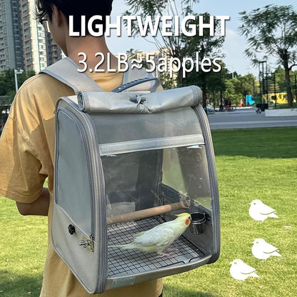 Bird Carrier Backpack, Portable Travel Bird Cage with Standing Perch, 2 Feeder Cups, Iron Mesh Stand & Removable Tray Lightweight, Breathable Mesh Window for Parrot Carrier，Easy Clean (Cream)