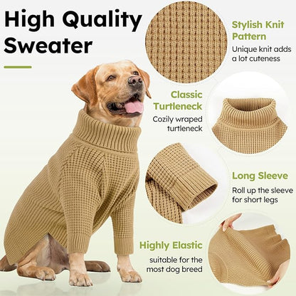 Queenmore Turtleneck Long Sleeve Knitted Sweater with Check Pattern, Fall Winter Warm Sweater for Small to XXL Dogs and Cats, Brown