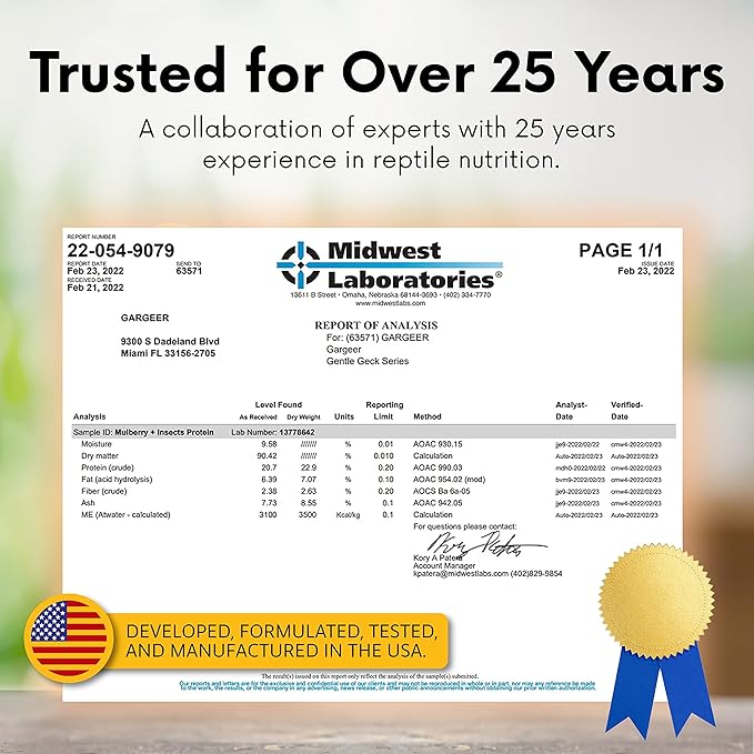 2oz Complete Crested Gecko Food Diet. Premium Mix, Ready to Use Freshly Made Powder. Unique Formula, Developed & Made in The USA. Enjoy! (Mulberry + Insects Protein)