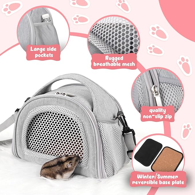 YUDODO Hamster Carrier Guinea Pig Carrier Bag Small Animal Sugar Glider Pouch Gerbil Hedgehog Portable Travel Carrier Outdoor Hangbag Flying Squirrel Rat Carrier Grey