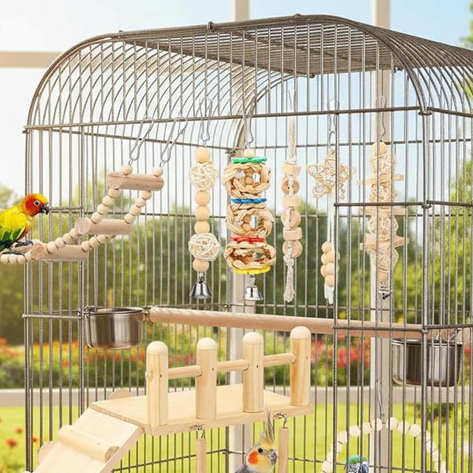 Bird Swing for cage Parakeet Parrot Swing Wood Hemp Rope Ladder Toy Play Gym Hanging Swing Parrot Perch Hammock Toy for Budgerigar Conure Cockatiel mynah Finches Small Medium Breeds 10pcs