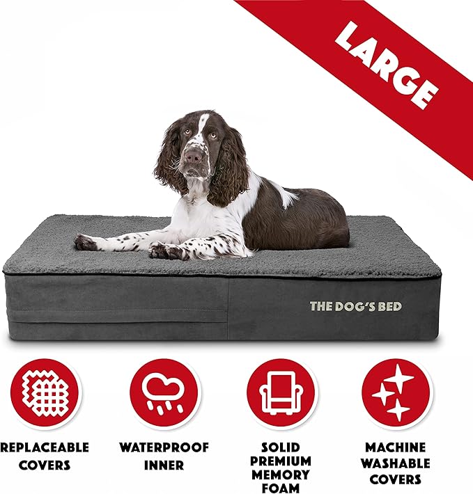 The Dog’s Bed Orthopedic Memory Foam Dog Bed, Large Grey Plush, Pain Relief for Arthritis, Hip & Elbow Dysplasia, Post Surgery, Lameness, Supportive, Calming, Waterproof Washable Cover