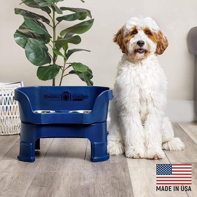 Neater Feeder Deluxe Mess Proof Dog Bowls Elevated Medium Sized Dogs (19-40 lbs) Made in USA, No Spill Raised Dog Food Bowl Stand w/Leg Extension, Stainless Steel Food and Water Bowl Set, Dark Blue