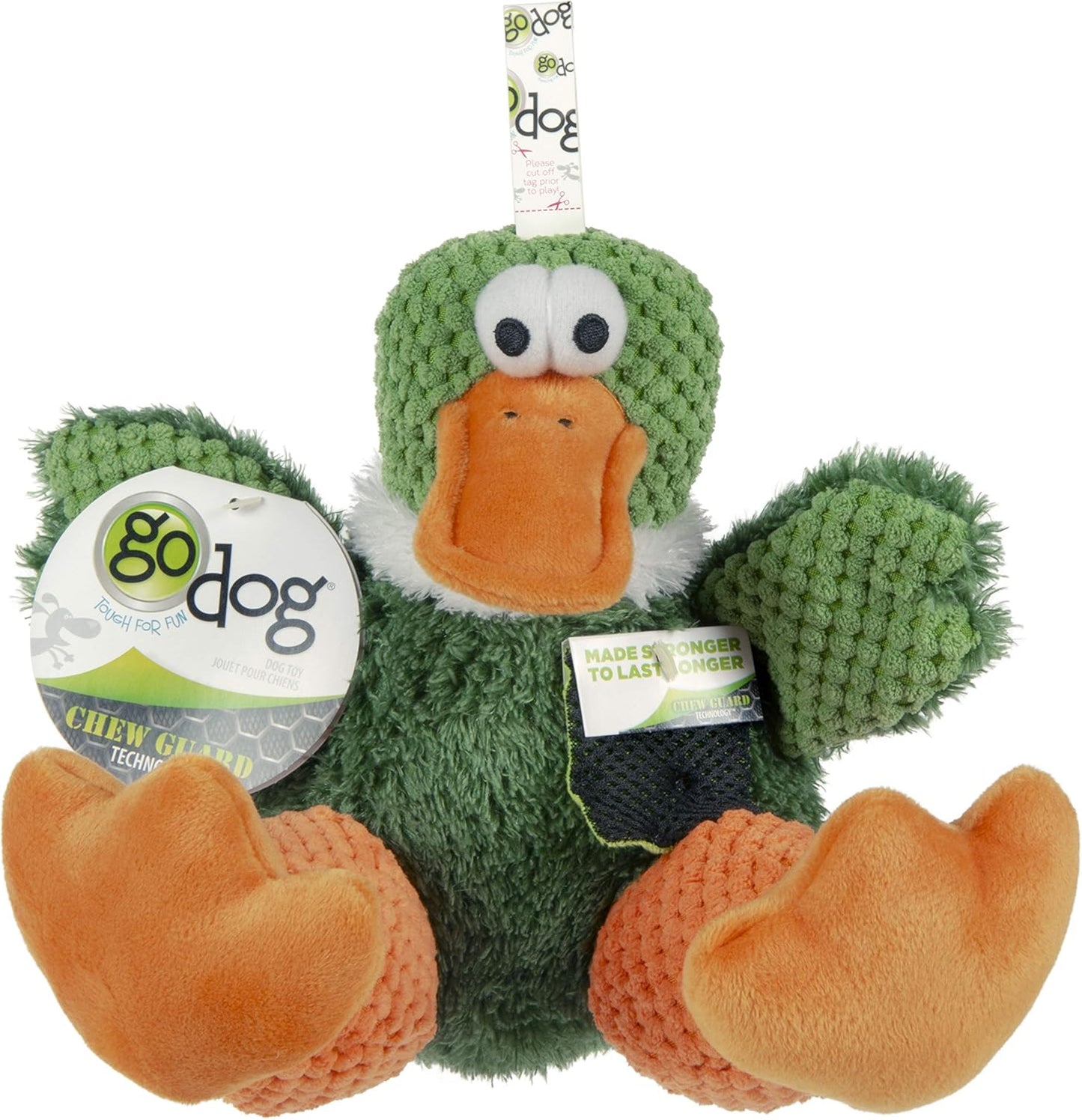 goDog Checkers Sitting Duck Squeaky Plush Dog Toy, Chew Guard Technology - Green, Large