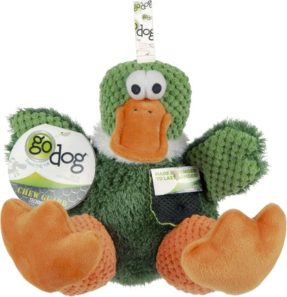 goDog Checkers Sitting Duck Squeaky Plush Dog Toy, Chew Guard Technology - Green, Large