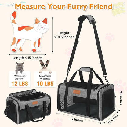 PETUX TSA Approved Pet Carrier in Cabin, 17"x11"x9.5" Soft Cat Carriers for Small Cat up to 12 lb, Top-Open Portable and Breathable Pet Carrier Airline Approved for Travel and Vet Visit, Grey