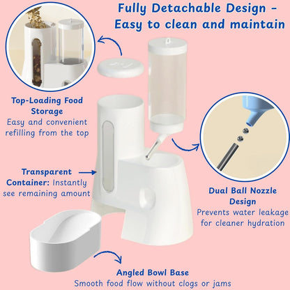 Hamster Water Bottle Stand with Food Bowl, 2 in 1 Automatic Water Bottle No Drip and Food Dispenser, Hamster Cage Accessories, Rat Enrichment Toys, Guinea Pig Accessories for Cage (Blue, 125ml)