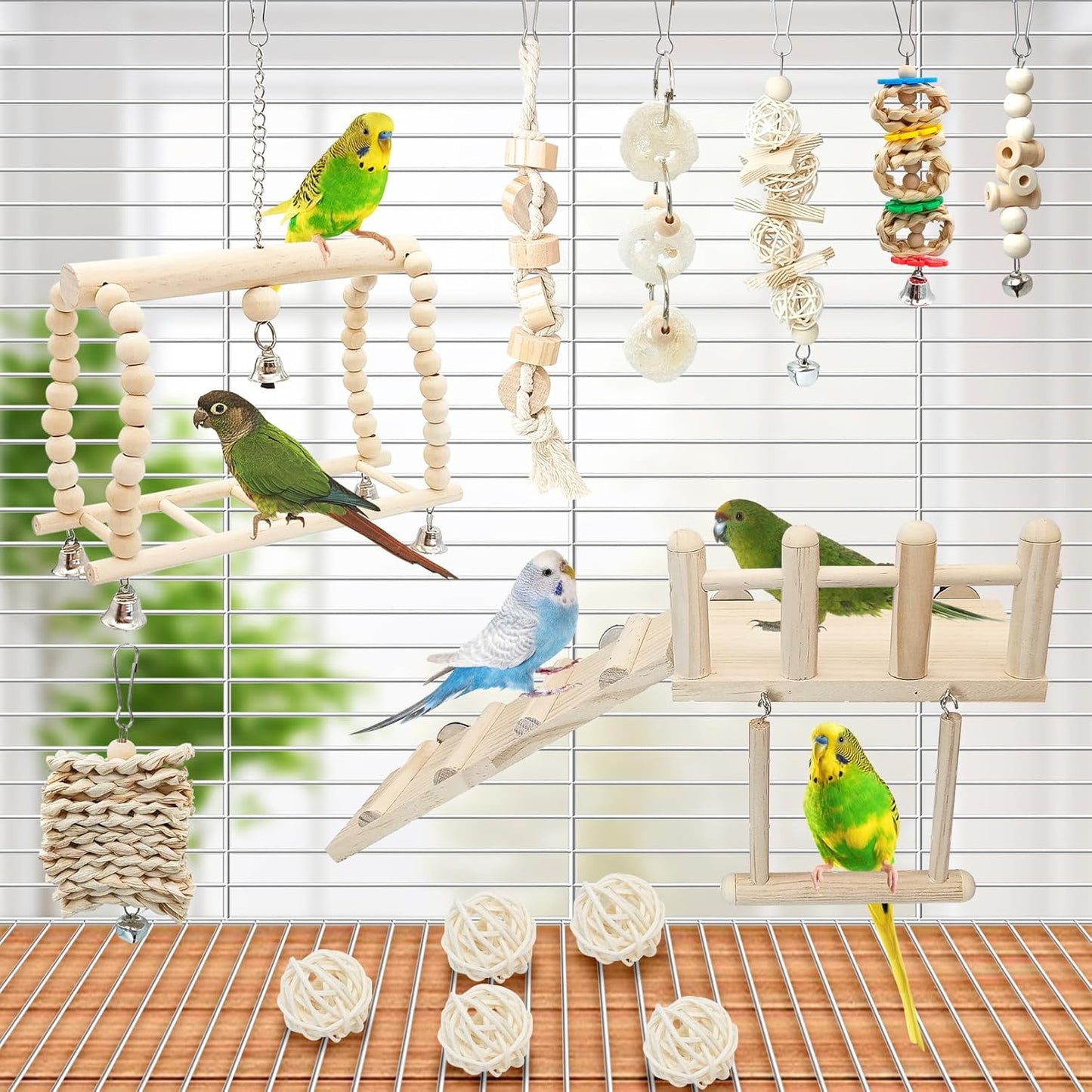 Hamiledyi 13Pcs Parrot Swing Chew Toys Bird Perches Platform with Climbing Ladder Hanging Cage Accessories for Parakeet, Conure, Finch, Lovebirds, Budgie, Canary Standing