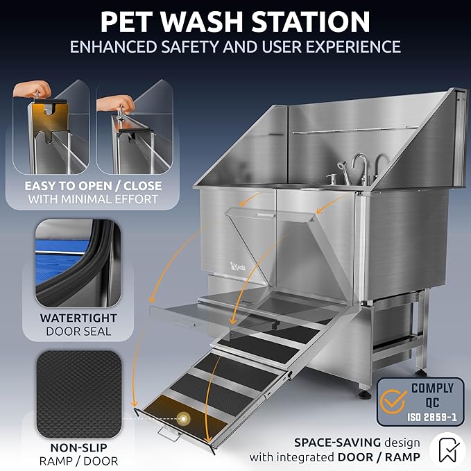 KANIS Professional Dog Washing Station - 304 Stainless Steel Pet Wash Sink & Grooming Bathtub w/Shower, Floor Grates and Storage for Large, Medium & Small Pets (50", 2 Drawers - Right Ramp)
