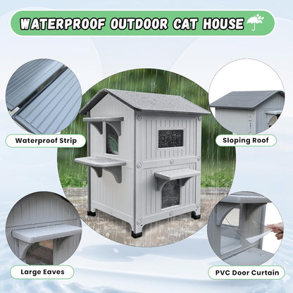 Plastic Outdoor Cat House with Escape Door, Waterproof 2 Story Outdoor Houses for Feral Cats Outside Cat Shelter, Spacious, Clean and Assemble Easily