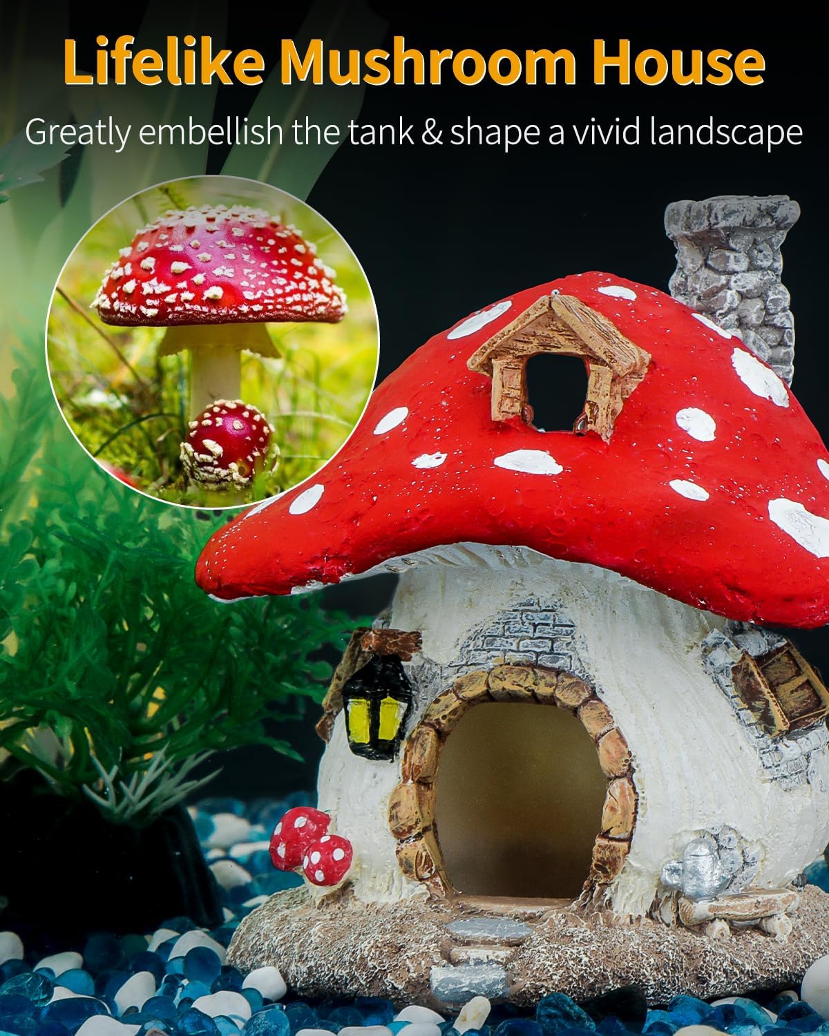 Uniclife Resin Mushroom House Decoration Cottage Ornament for Reptile Hide Cave Hideout Hideaway Spawning Cave Decor for Arboreal Reptiles Shrimp Betta Goldfish, Terrarium & Vivarium Decor