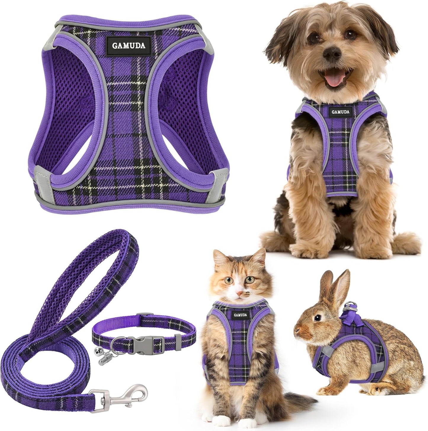 GAMUDA Small Dog Harness Collar and Leash Set, Step in No Chock No Pull Soft Mesh Adjustable Dog Vest Harnesses Plaid Reflective for Dogs Puppy Cats Kitten Rabbit (Purple, S)