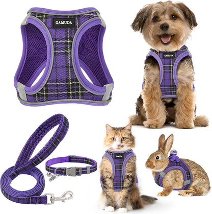GAMUDA Small Dog Harness Collar and Leash Set, Step in No Chock No Pull Soft Mesh Adjustable Dog Vest Harnesses Plaid Reflective for Dogs Puppy Cats Kitten Rabbit (Purple, XS)
