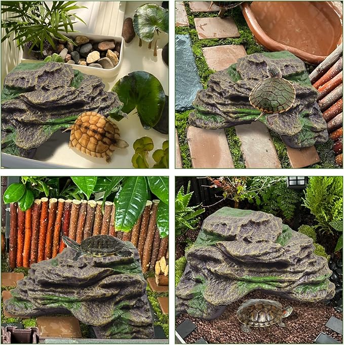 PINVNBY Resin Turtle Basking Platform with 2 Pcs Suction Cups,Floating Dock for Turtles,Tortoise Climbing Ramp Shale - Ideal for Aquatic Turtles,Stable & Durable,Easy to Install(Green Brown L)