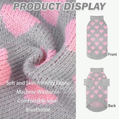 KOOLTAIL Cat Sweater Turtleneck- Soft Knit Cat Sweaters for Cats Only, Heart Love Pattern Thick Warm Cold Weather Clothes, Valentine's Day Pet Outfit for Small Medium Large Size Kitten Puppy Grey M