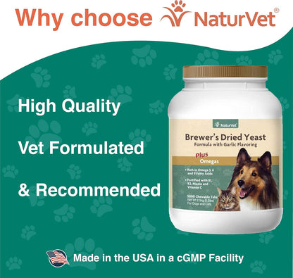 NaturVet – Brewer’s Dried Yeast Formula with Garlic Flavoring – Plus Omegas | Rich in Omega-3, 6 & 9 Fatty Acids | Fortified with B1, B2, Niacin & Vitamin C | For Dogs & Cats | 5000 Chewable Tablets