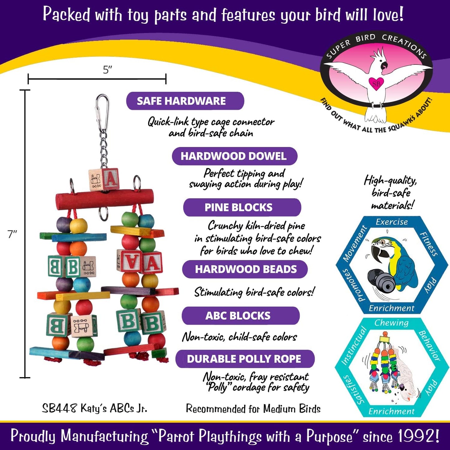 Super Bird Creations SB448 Katy's ABC Jr. Interactive Bird Toy - Durable Chew Toy, Non-Toxic Textured ABC Blocks, Safe 'Polly' Rope, Ideal for Parrots & Ringnecks - Medium Bird Size - 7" x 5" x 1.5"
