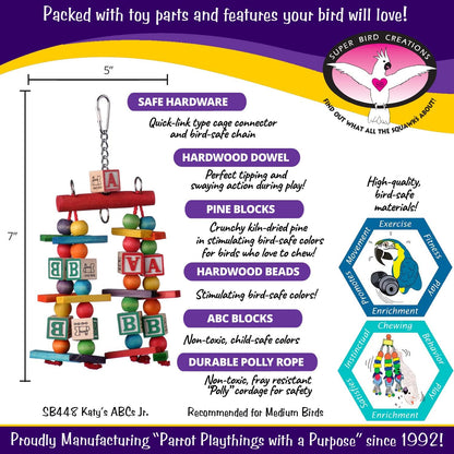 Super Bird Creations SB448 Katy's ABC Jr. Interactive Bird Toy - Durable Chew Toy, Non-Toxic Textured ABC Blocks, Safe 'Polly' Rope, Ideal for Parrots & Ringnecks - Medium Bird Size - 7" x 5" x 1.5"