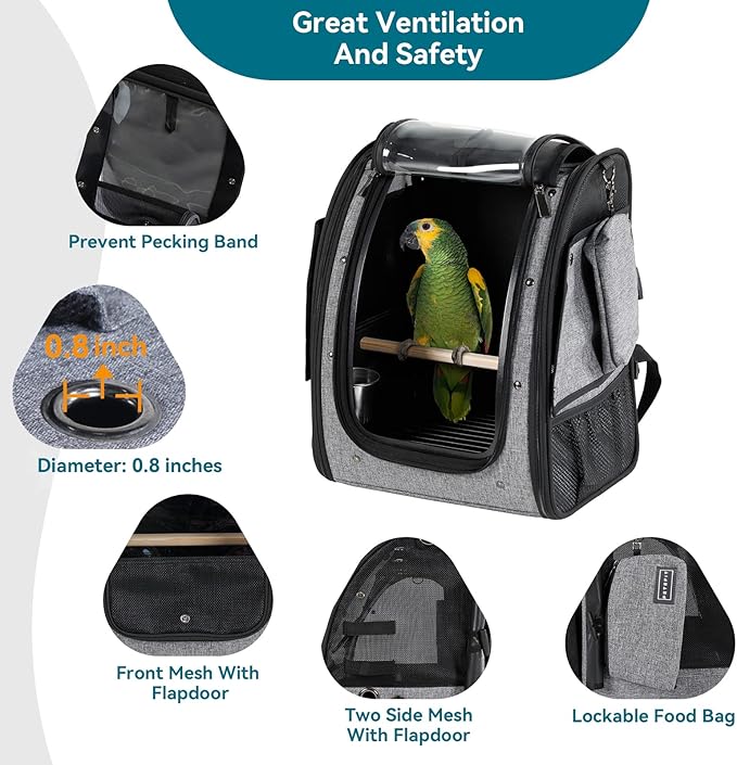 Petsfit Bird Carrier Medium Size with Stainless Steel Bowl, Parrot Backpack Includes Slide Tray for Easy Cleaning, 13" x 10" x 16"