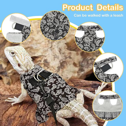Lizard Harness Dress and Leash, Adjustable Hamster Ferret Harness and Leash Set, No-Pull Walking Vest for Lizard Small Animal Gecko Chameleon (Black S