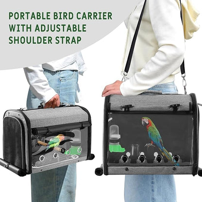 Sanmoncare Bird Carrier Bag Cockatiel Travel Cage with Stand, Lightweight Travel Carrier for Small Bird, Portable Parrot Travel Bag, Pet Transparent Travel Backpack