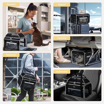 Lekereise Top-Expandable Pet Carrier - TSA Airline Approved Soft Sided Underseat Up to 15lbs Travel Carriers for Small Cats and Dogs with Locking Safety Zippers Anti-Scratch Mesh Black Large