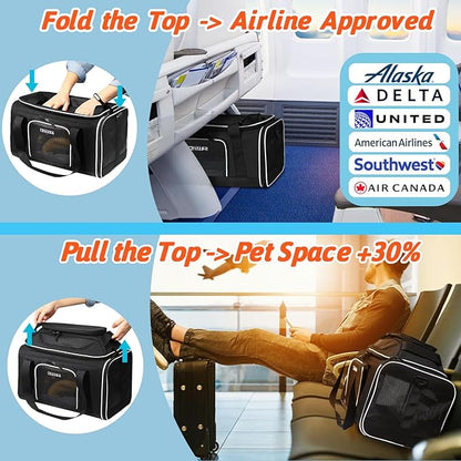 Petskd Top-Expandable Pet Carrier 17x11x9.5 Inches Alaska Airline Approved, Soft-Sided Carrier for Small Cats and Dogs with Locking Safety Zippers and Anti-Scratch Mesh(Black)