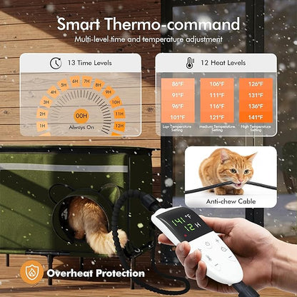 Heated Outdoor cat House for Outside, Weatherproof Insulated Feral Cat Shelter with Timer-Temp Control Heating Pad in Winter, Large Elevated Outdoor Cat House with Zipper, 2 Doors, Safety- Army Green