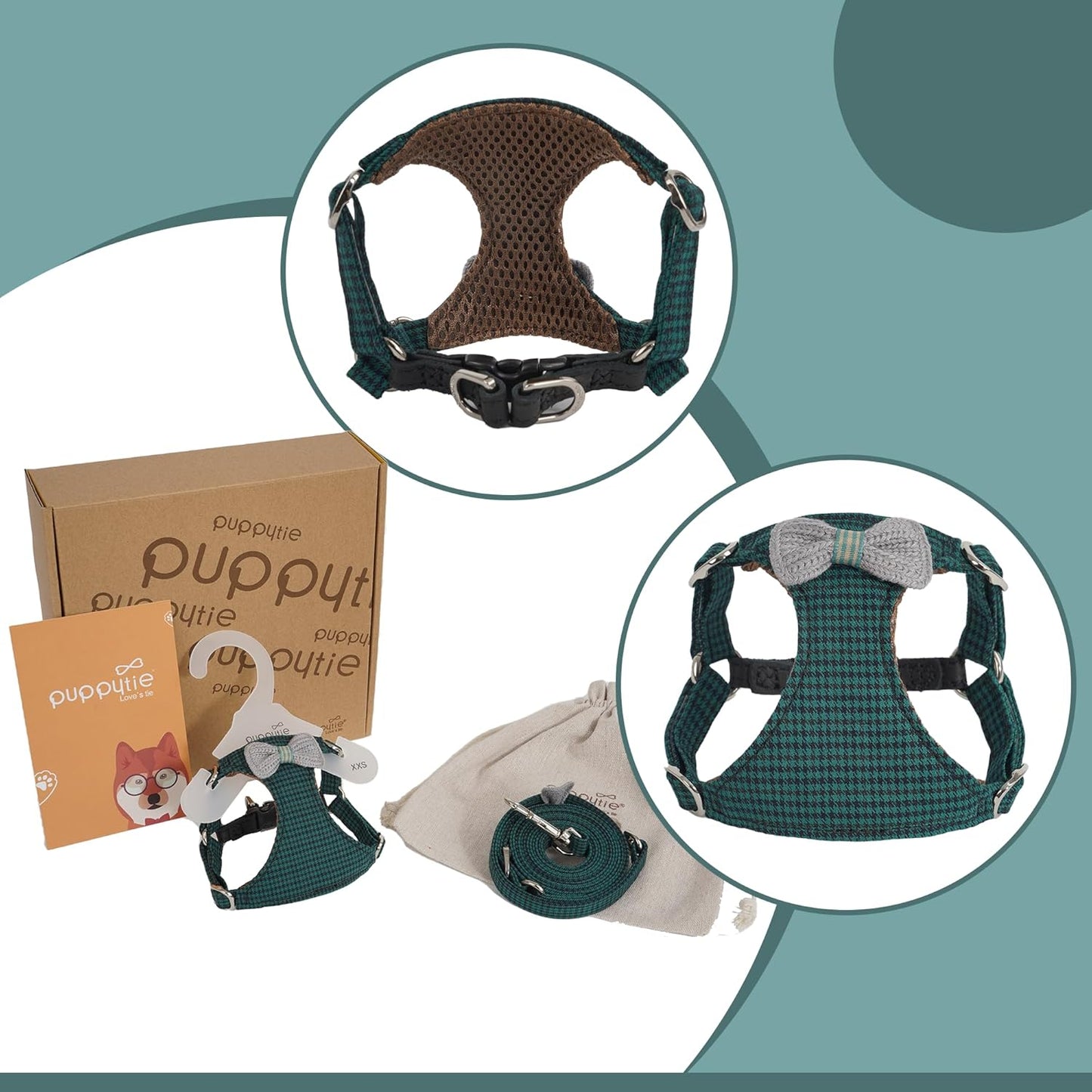 Puppytie Knitted Green Small Dog Harness with Multifunction Dog Leash, Ultra-Light No Pull, Medium Size, 10-22 lbs