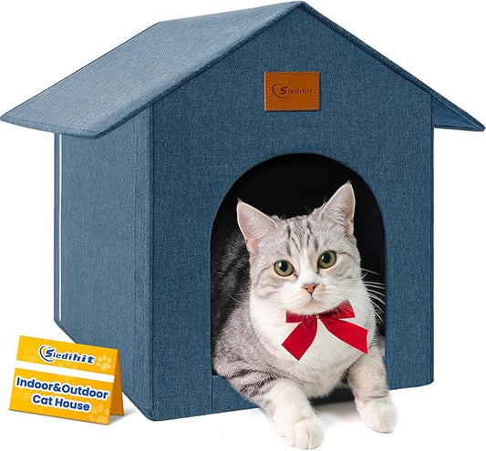 Outdoor Cat House Feral Cat Shelter,Outside Waterproof Cat House for Outdoor/Indoor Cats, Insulated Cat Bed for All Seasons with Cozy Cushion Easy to Assemble, Navy Blue