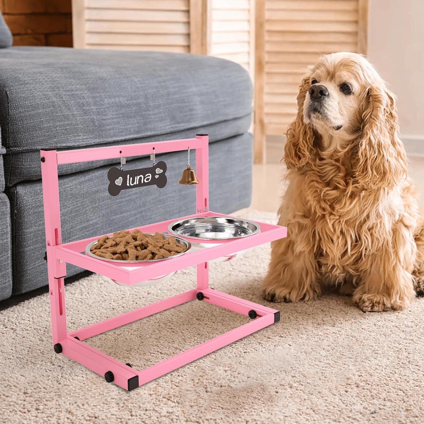 SHAINFUN Elevated Bowls for Small and Medium Dogs, Raised Stand With 2 Stainless Steel Food & Water Bowls, Adjustable Height Feeder for Puppy & Cats, Cute Pink