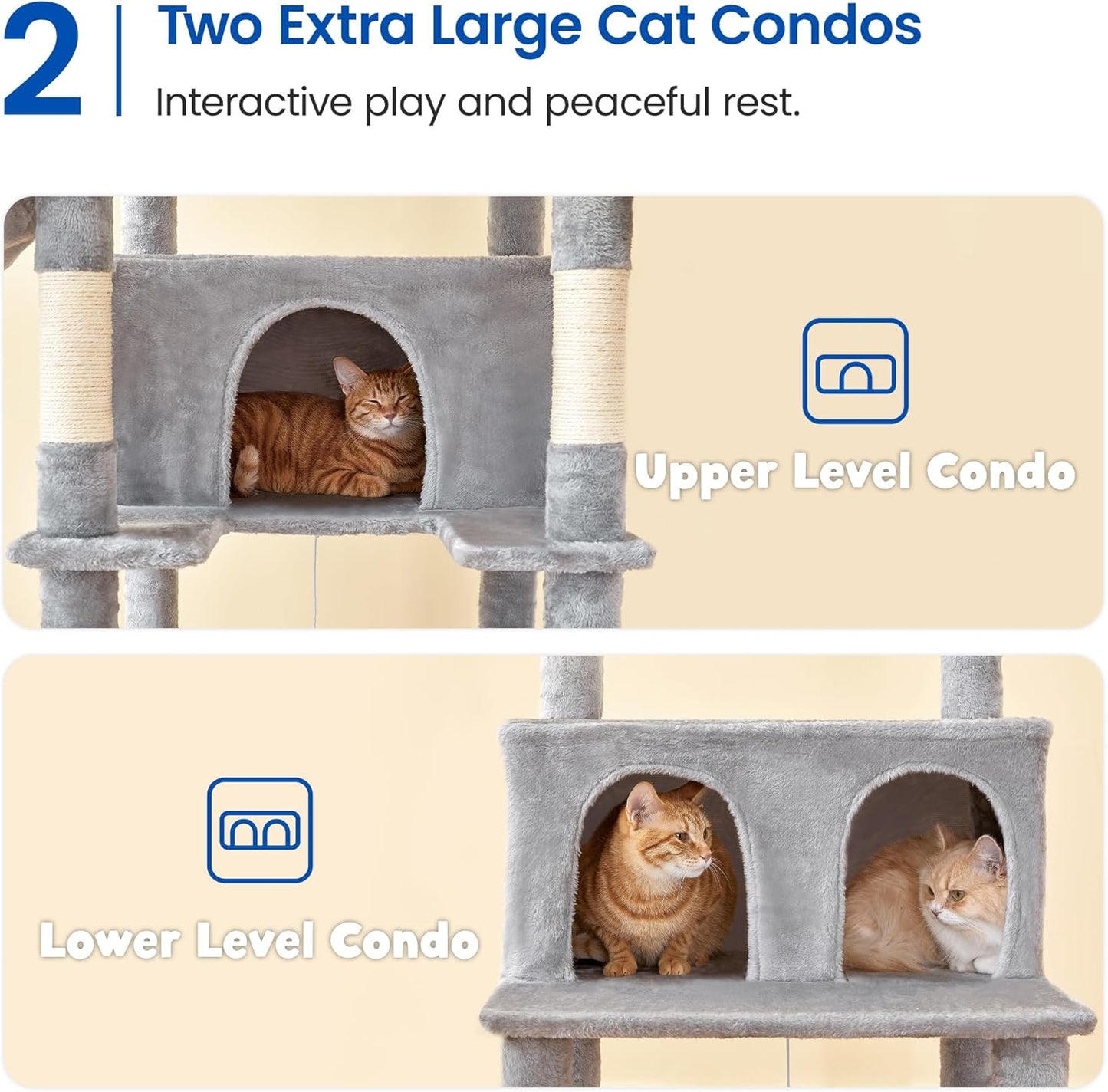 MWPO Extra Large Cat Tree, 77.6-Inch Tall Cat Tower for Indoor Cats with 2 Condos, Multi-Level Cat Stand for Large Cats, 3 Hammocks, Wide Perch, Scratching Posts, Dangling Toys, Light Grey