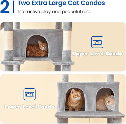 MWPO Extra Large Cat Tree, 77.6-Inch Tall Cat Tower for Indoor Cats with 2 Condos, Multi-Level Cat Stand for Large Cats, 3 Hammocks, Wide Perch, Scratching Posts, Dangling Toys, Light Grey