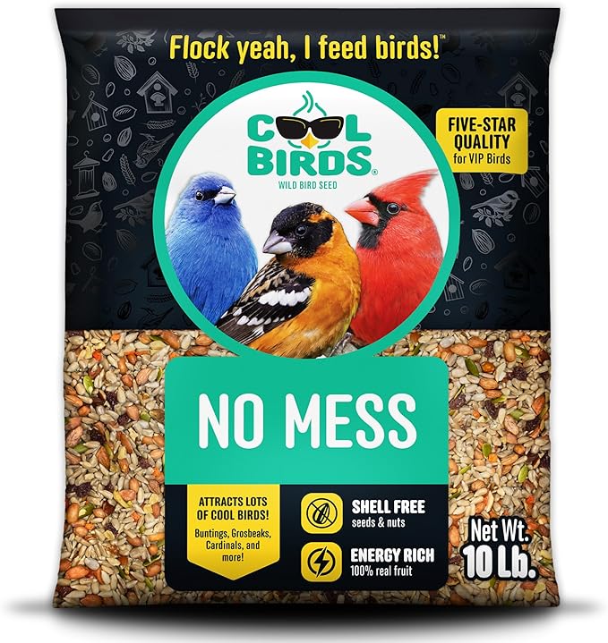No Mess with Fruit Wild Bird Seed – 10 lb. 100% Edible Shell-Free Blend with Sunflower Hearts, Peanuts, Tree Nuts, Pumpkin Seed & Real Fruit – No Waste Bird Seed for Outside Feeders