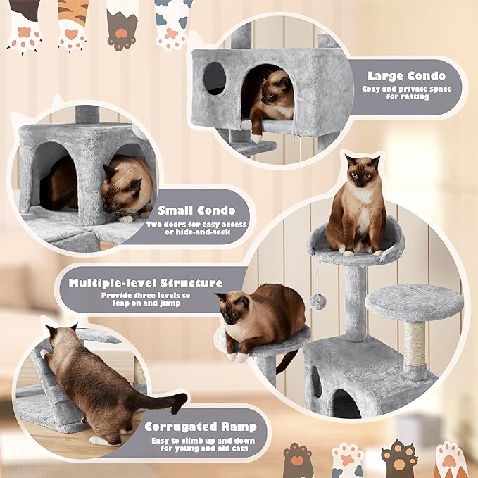 Yaheetech 54in Cat Tree Cat Tower w/Scratching Posts, Double Condos and Dangling Balls Kittens Pet House Play, Light Gray