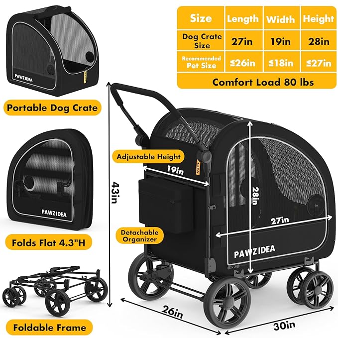 PAWZIDEA Large Dog Stroller with Detachable Carrier, Portable Dog Crate for Car Travel, Multiple Pet Strollers for Medium Dogs up to 80lbs, Adjustable Handle, All-Terrain 9” Wheels, Storage Organizer