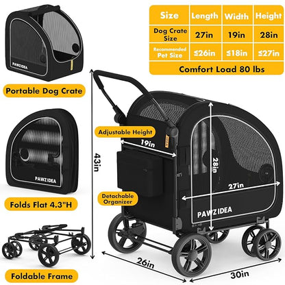PAWZIDEA Large Dog Stroller with Detachable Carrier, Portable Dog Crate for Car Travel, Multiple Pet Strollers for Medium Dogs up to 80lbs, Adjustable Handle, All-Terrain 9” Wheels, Storage Organizer