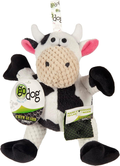 goDog Checkers Sitting Cow Squeaky Plush Dog Toy, Chew Guard Technology - White, Small